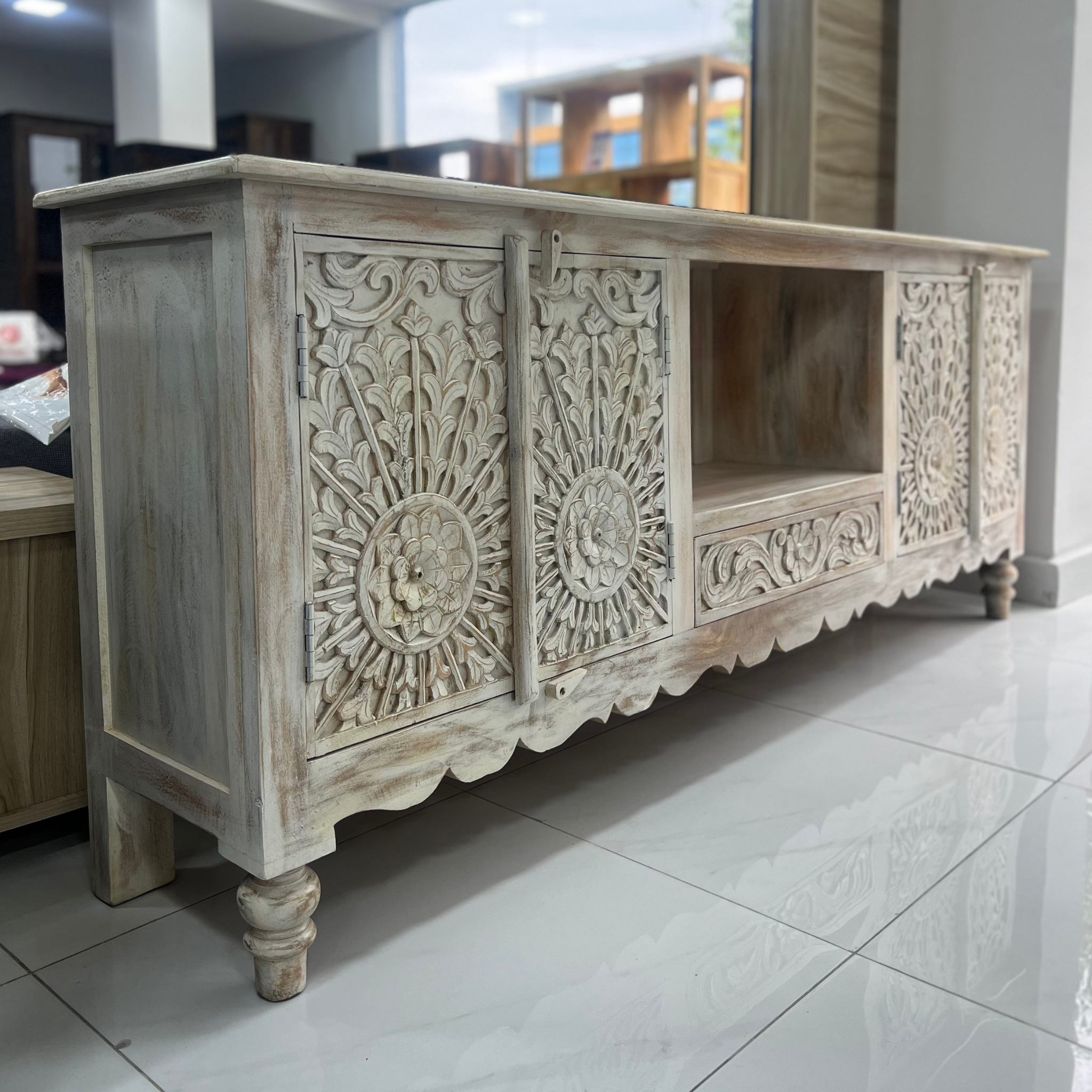 Chenab Carving White Distress TV Unit