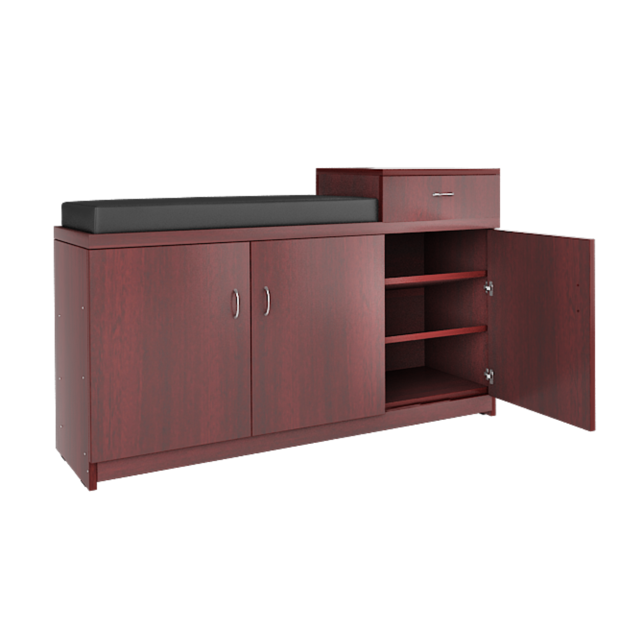 Three Door Shoe Rack With Seating Cushion and Drawer Storage