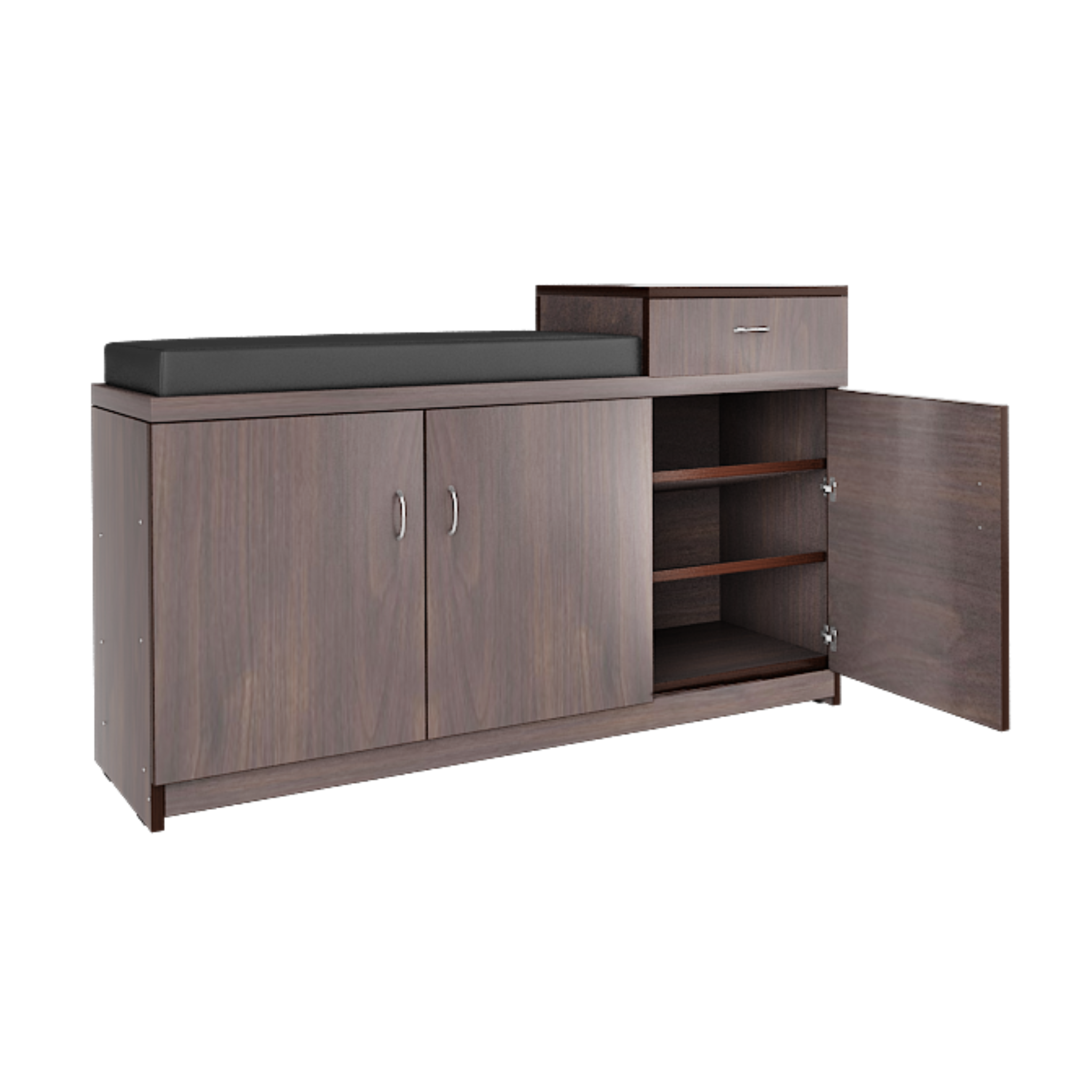 Three Door Shoe Rack With Seating Cushion and Drawer Storage