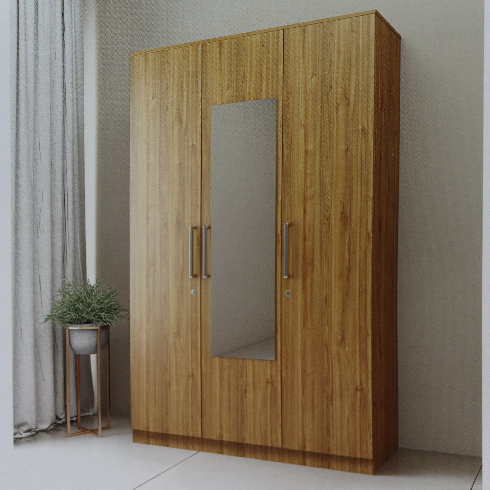 Three Door Multi Utility Wardrobe With One Inner Door and Mirror